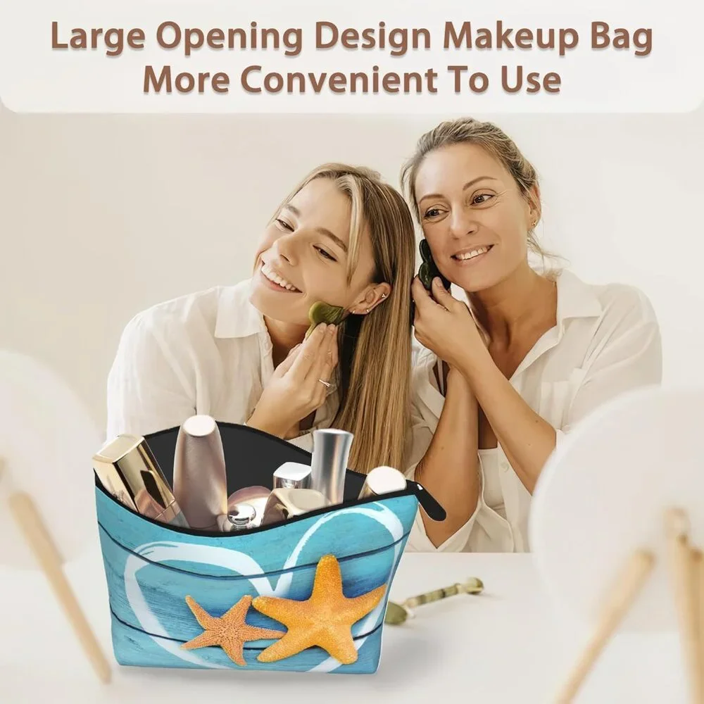 Beach Starfish Cosmetic Bag Coastal Blue Wooden Makeup Bags,Travel Make up Bags - Picture 6 of 8